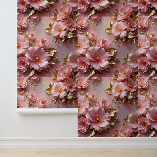 Papier Peint Rose Pâle Or Botanique Autocollant  (Application)
