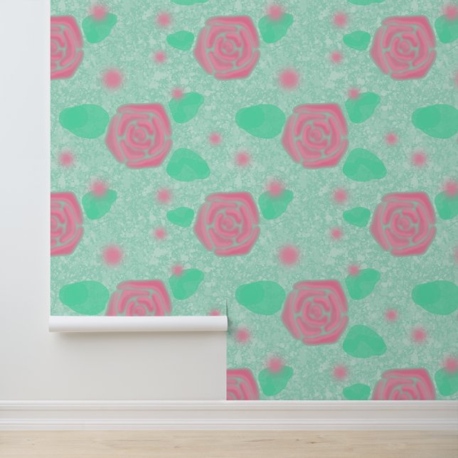 Papier Peint Rose Rose Garden Mint Texture verte (Application)