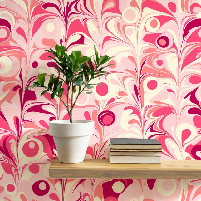 Papier Peint Rose super Retro Marbré (Fun retro marbled pink peel and stick art wallpaper)