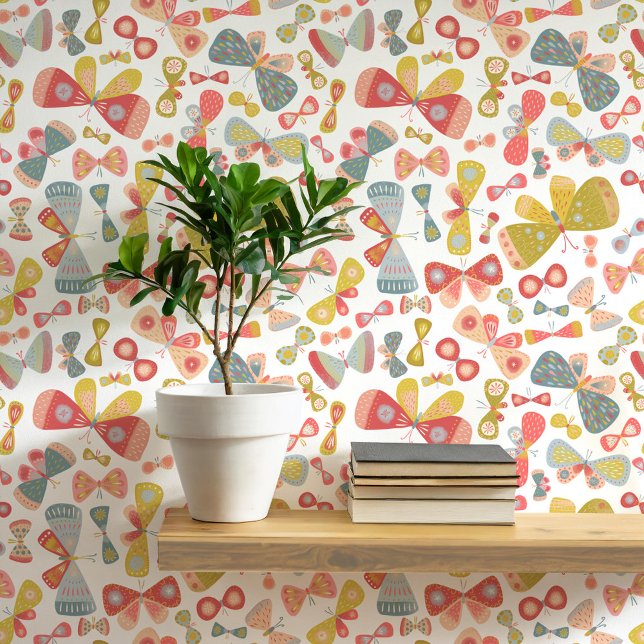 Papier Peint Rose Vert bleu Pastel Papillon Art (Butterfly pattern art wallpaper)