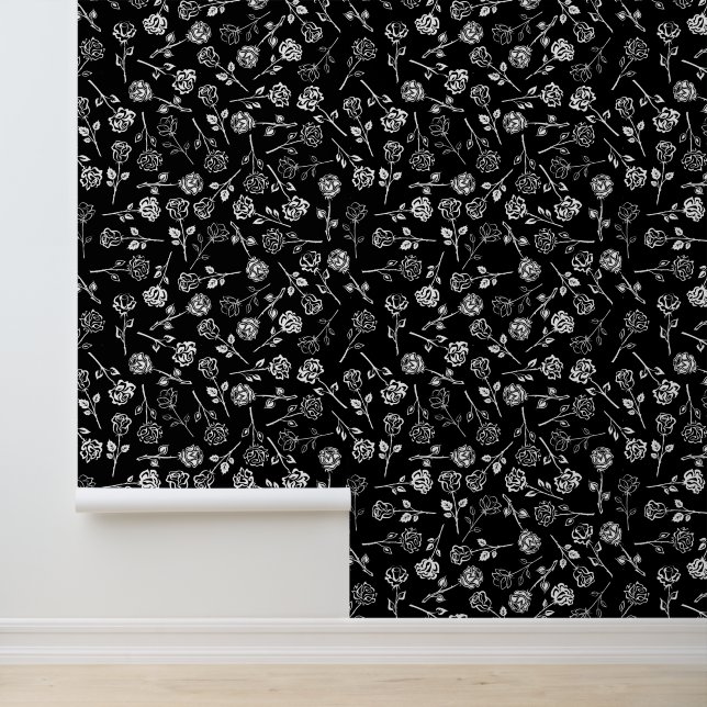 Papier Peint Roses blanches noires Fleurs Pattern Stick n Peel (Application)