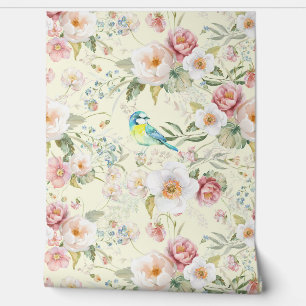Papier Peint Roses blanches Peonies roses Oiseau floral bleu su