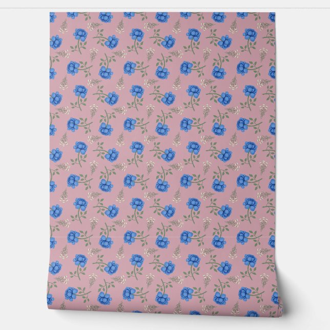 Papier Peint Roses bleus sur Calico rose (Déroulement)