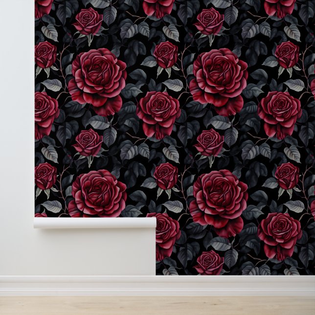 Papier Peint Roses bourguignons avec Motif Arrière - plan noir (Application)