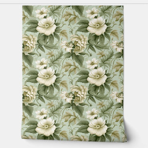 Papier Peint Roses chic chic, vert floral et ivoire