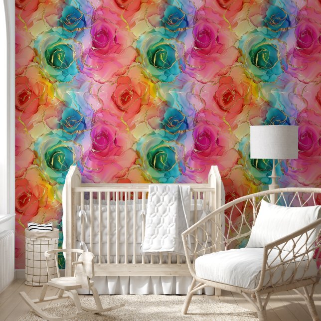 Papier Peint Roses d'alcool arc-en-ciel avec accents or (Enfants)