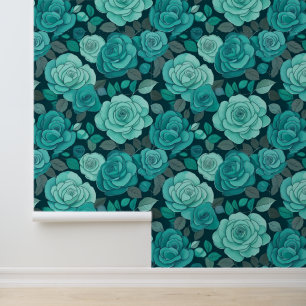 Papier Peint Roses d'Escalade Turquoise vintage victorienne