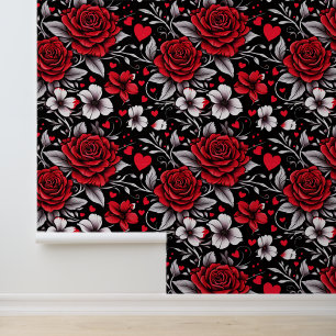 Papier Peint Roses et coeurs floraux rouges, noirs et blancs