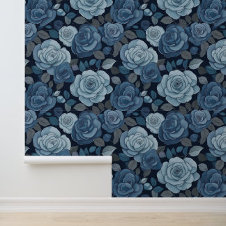 Papier Peint Roses floraux gris bleu