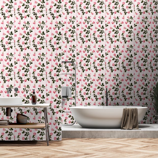 Papier Peint Roses flottants aux rayures roses (Salle de bain)