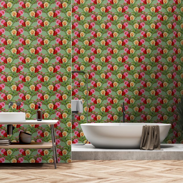 Papier Peint Roses Motifs rouges jaunes roses gras (Salle de bain)