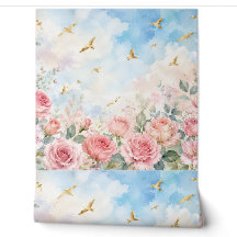 Roses Rose Pâle & Oiseaux Dorés Fleur Aquarelle
