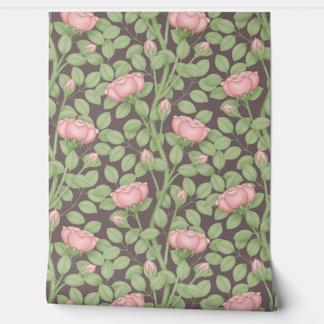 Papier Peint Roses roses sur prune foncée (Déroulement)