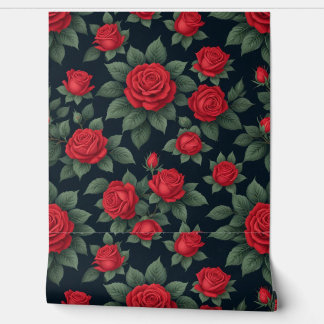 Papier Peint Roses rouges élégantes avec Feuilles verts luxuria