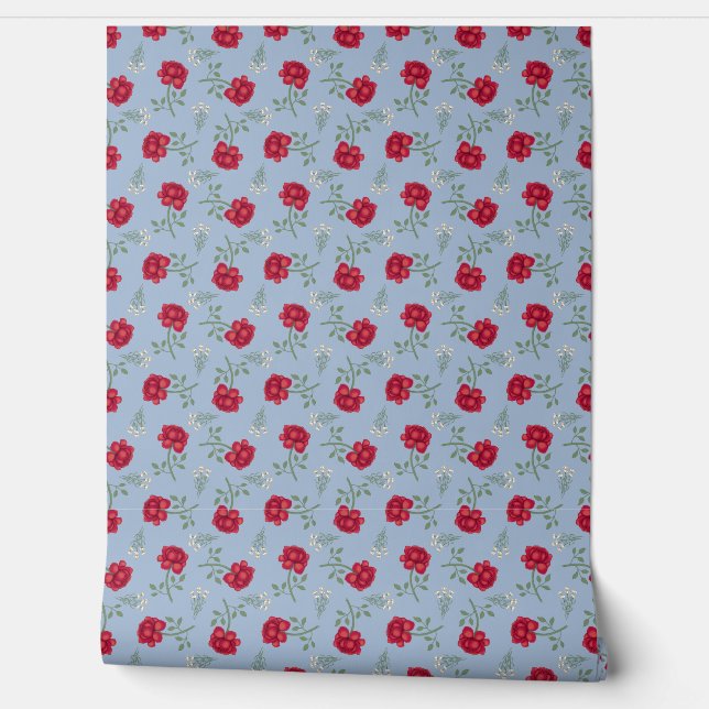 Papier Peint Roses rouges sur Calico bleu clair (Déroulement)