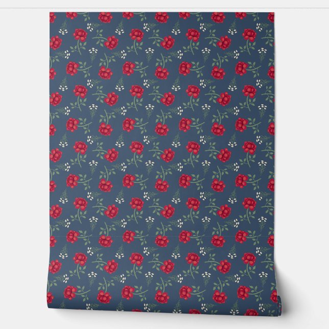 Papier Peint Roses rouges sur Calico Bleu Dusky (Déroulement)
