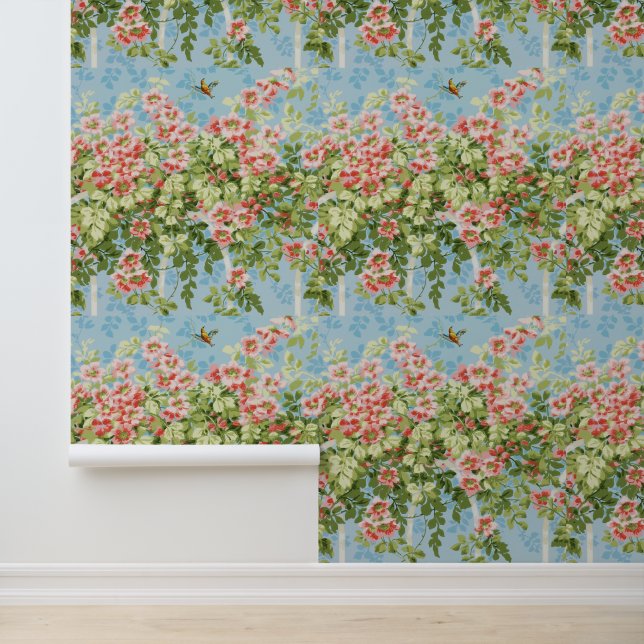 Papier Peint Roses SAUVAGES, FEUILLES VERTS, OISEAU VOLANT DANS (Application)