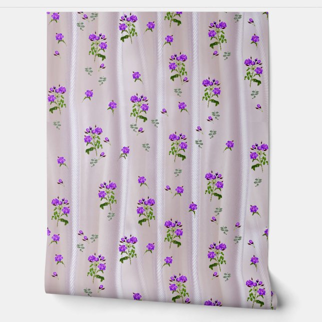 Papier Peint Roses violets sur soie rose magenta (Déroulement)