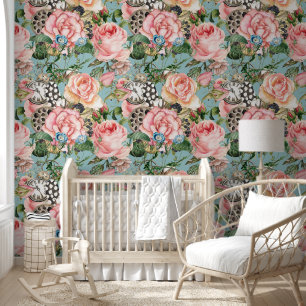 Papier Peint Roses Whimsics Modernes Et Horloges Motif Bleu