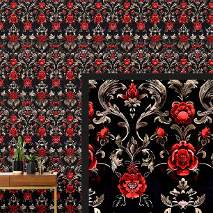 Papier Peint Rouge & bronze sur noir Dramatique Gothique Damask