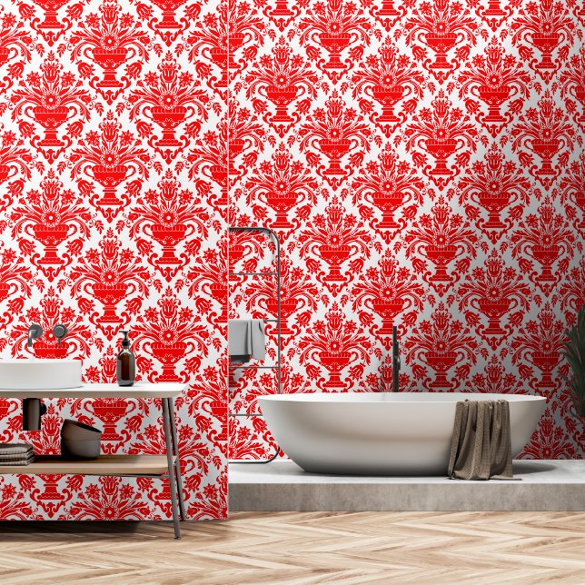 Papier Peint Rouge et blanc Damas Floral peler et bâton (Salle de bain)