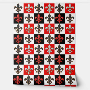 Papier Peint Rouge Noir Blanc À damiers Fleur de lis Design