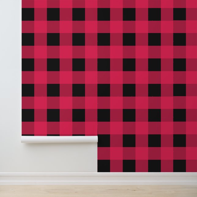 Papier Peint Rouge Noir Buffalo Carreaux Vichy Motif Rustique (Application)