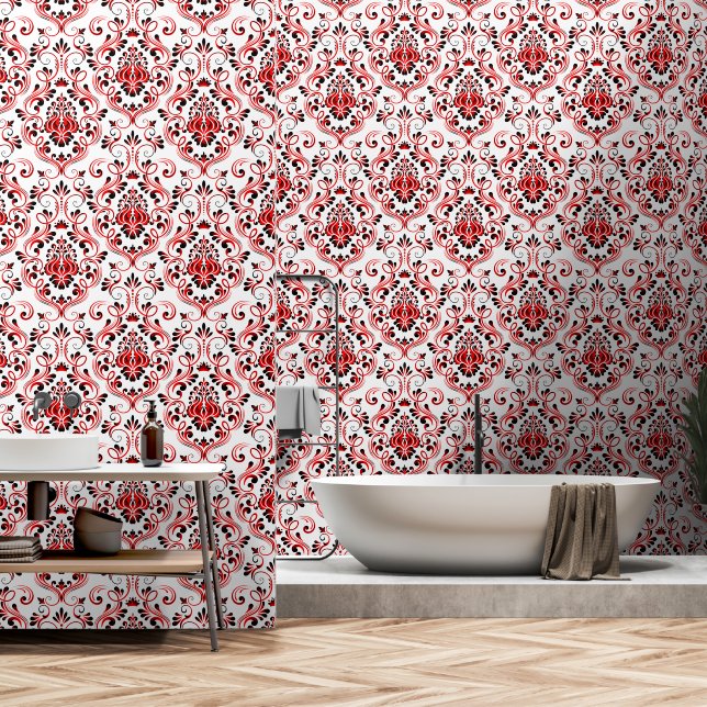 Papier Peint Rouge noir et blanc Damas Floral peler et bâton (Salle de bain)