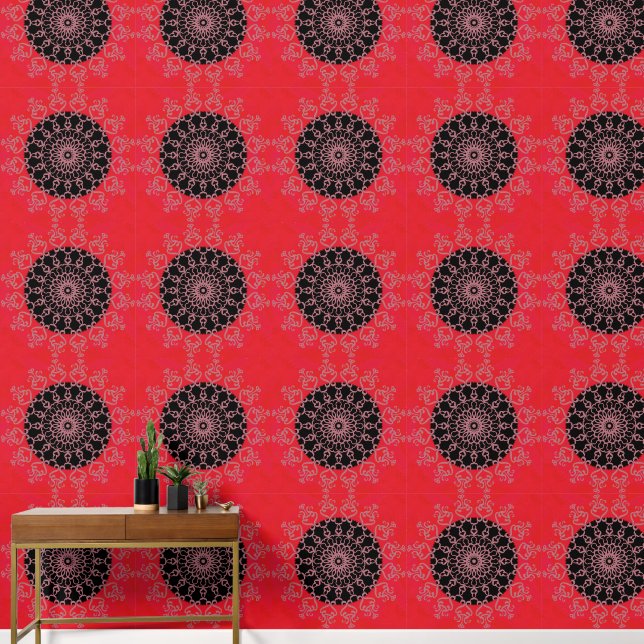Papier Peint Rouge noir Mandala Abstrait Floral (Couloir)