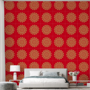 Papier Peint Rouge or Floral Abstrait Mandala