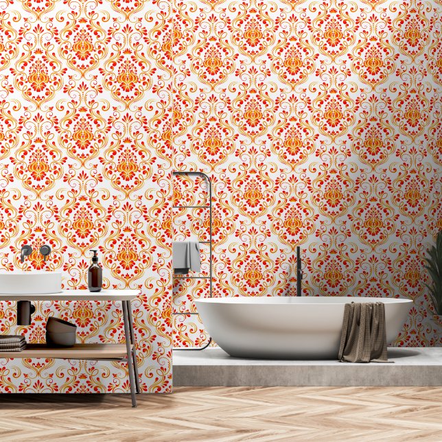 Papier Peint Rouge Orange Blanc Damas Floral peler et bâton (Salle de bain)