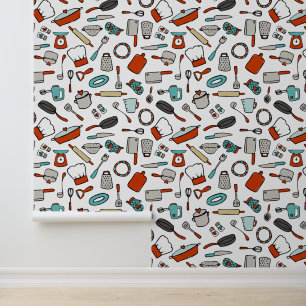 Papier Peint Rouge Turquoise Main Tirée Cuisine Ustensiles Cuis