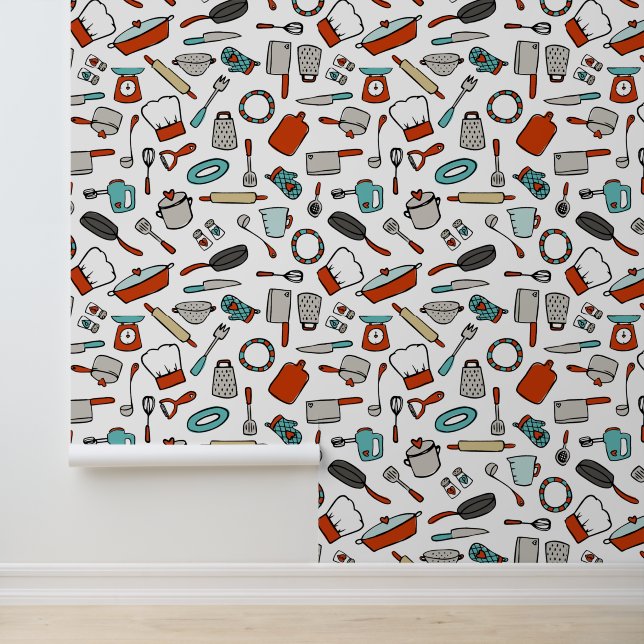 Papier Peint Rouge Turquoise Main Tirée Cuisine Ustensiles Cuis (Application)