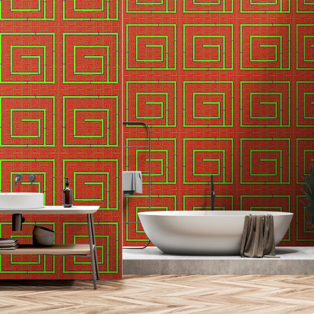 Papier Peint Rouge Vert Géo (Salle de bain)