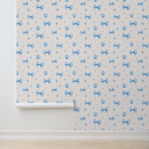 Papier Peint Ruban bleu, Coeur et Motif Empreinte de patte sur