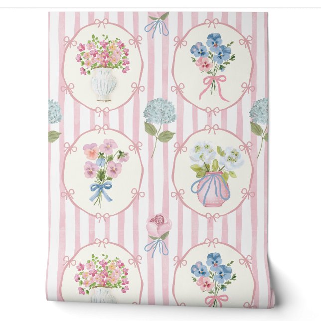 Papier Peint Ruban rayé à fleurs roses en fleurs (Déroulement)