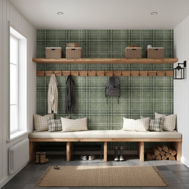Papier Peint Russe moderne Burlap Plaid Green (Créateur téléchargé)