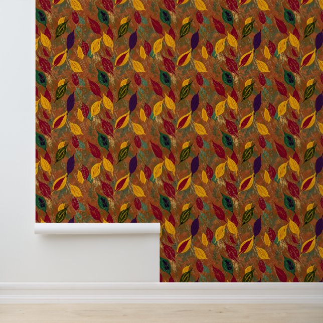 Papier Peint Rustic Copper Autumn Leaves Seamless Pattern  (Application)