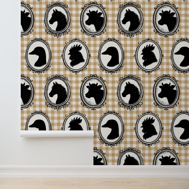 Papier Peint Rustic Farm Kitchen Barnyard Gingham Black & Khaki (Application)