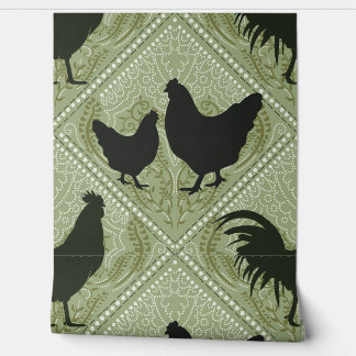 Papier Peint Rustic Farmhouse Hen Pattern – In Green 