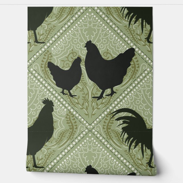 Papier Peint Rustic Farmhouse Hen Pattern – In Green  (Déroulement)
