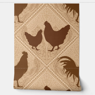 Papier Peint Rustic Farmhouse Hen Pattern – In Warm Brown 