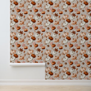 Papier Peint Rustique Citrouilles d'automne et feuilles d'autom