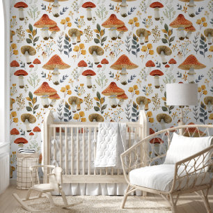 Papier Peint Rustique Retro Floral Champignons Jardin Fabric Mo