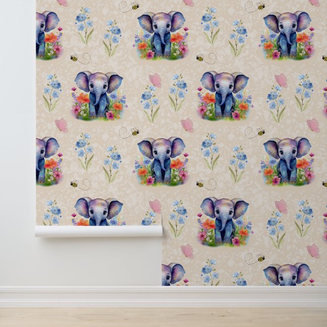 Papier Peint Safari Animaux Bébé Eléphant Floral sur crème (Application)