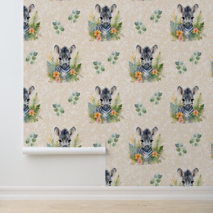 Papier Peint Safari Animaux Bébé Zèbre Verdure sur crème