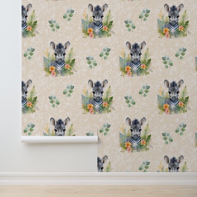 Papier Peint Safari Animaux Bébé Zèbre Verdure sur crème (Application)