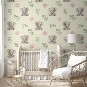 Papier Peint Safari Animaux Eléphant rose Floral Baby Girl
