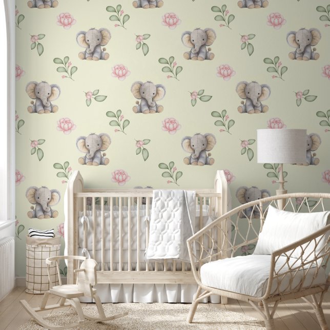 Papier Peint Safari Animaux Eléphant rose Floral Baby Girl (Enfants)