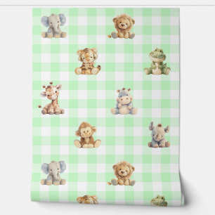 Papier Peint Safari Animaux Jouets Green Plaid Baby Nursery